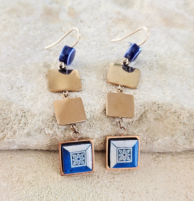 Portugal Antique Azulejo Square Dangle Earrings Tile Drop Earrings Square Geometric Earrings Majolica Blue White Delft Tile Rose Gold Steel