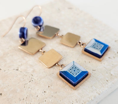 Portugal Antique Azulejo Square Dangle Earrings Tile Drop Earrings Square Geometric Earrings Majolica Blue White Delft Tile Rose Gold Steel