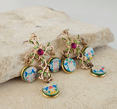 Gold Baroque Cross Earrings Italian Sicilian Rainbow Tile Gold Fashion Earring Crystal Drop Earrings Dolce Vita Cross Statement Earring Gift
