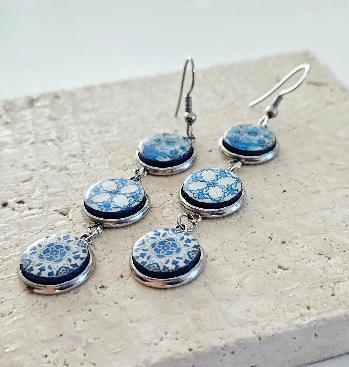 Portuguese Tiles Round STEEL Drop Earrings Blue White Earring Delft White Blue Jewelry XVIII Century Round Mixed Tile Earrings Mismatched