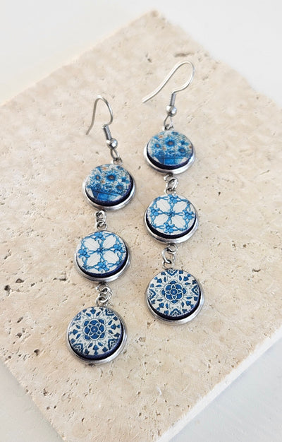 Portuguese Tiles Round STEEL Drop Earrings Blue White Earring Delft White Blue Jewelry XVIII Century Round Mixed Tile Earrings Mismatched