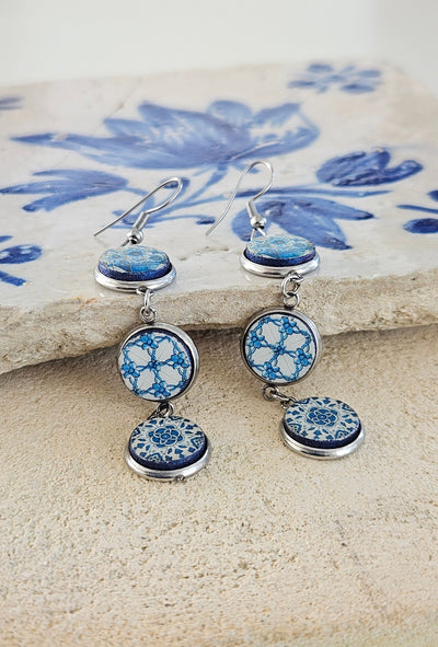 Portuguese Tiles Round STEEL Drop Earrings Blue White Earring Delft White Blue Jewelry XVIII Century Round Mixed Tile Earrings Mismatched