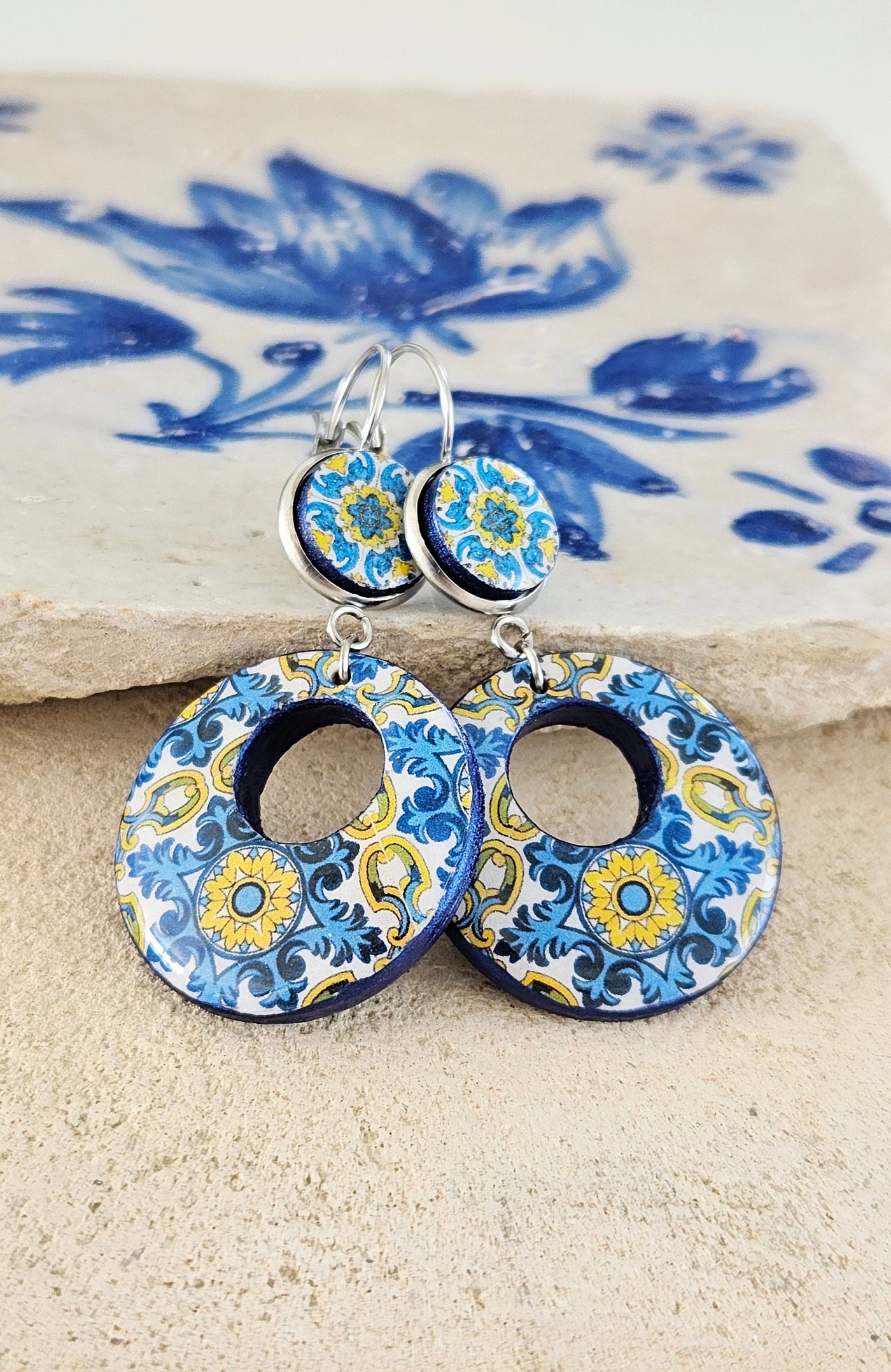 Portuguese Blue Yellow Tile Hoop Earring Blue Antique Azulejo Statement Earring Hoop Portugal Lightweight Historical Jewelry Handmade France