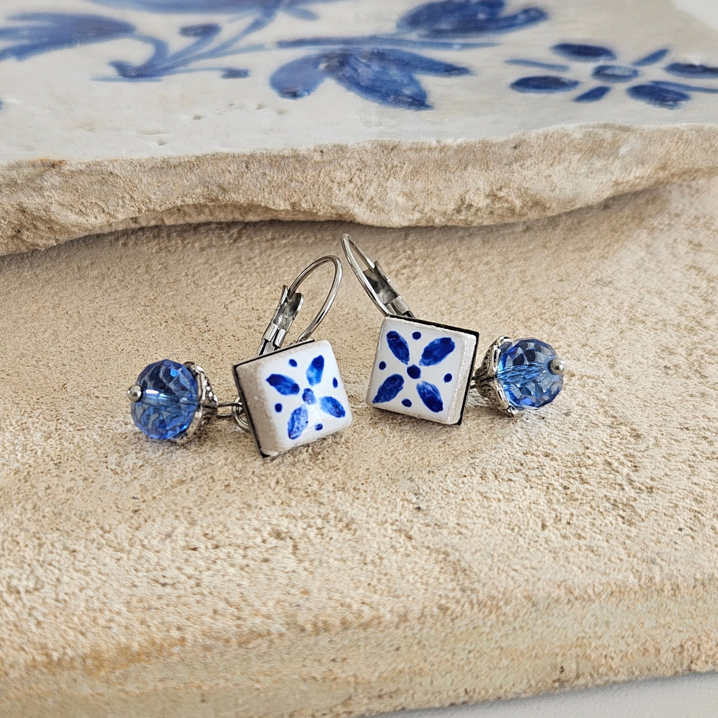 Ceramic Tile Hand Painted Earrings Portuguese Blue White Azulejo Earring Square Real Stone Earrings Stainless Steel Clear Blue Crystal Tile