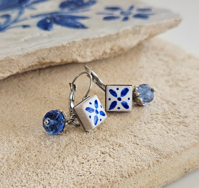 Ceramic Tile Hand Painted Earrings Portuguese Blue White Azulejo Earring Square Real Stone Earrings Stainless Steel Clear Blue Crystal Tile