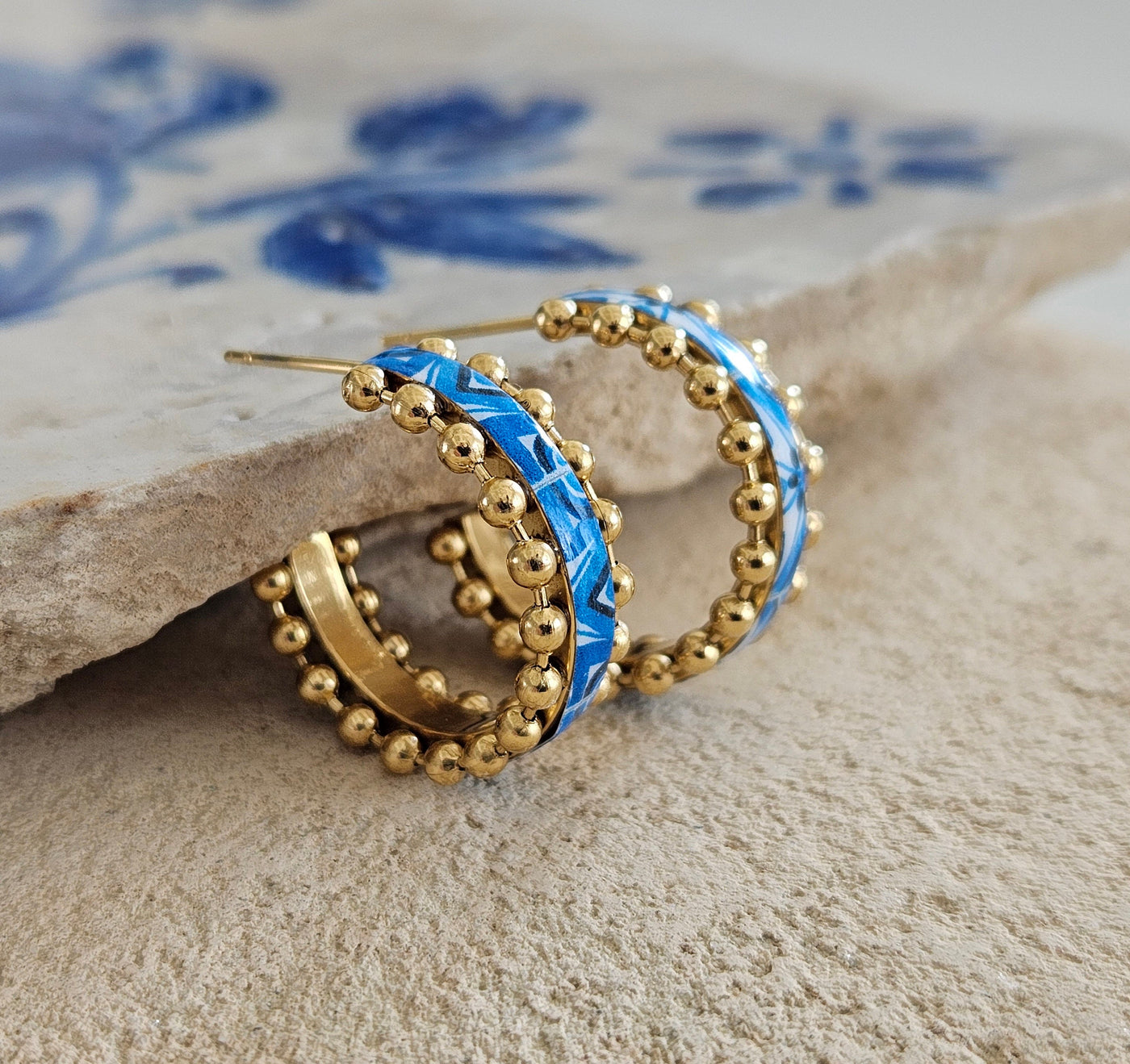 Small Gold HOOP Tile Earring Portugal STEEL Blue Lisbon Azulejo Delicate Tiny Gold Ball Hoops Historical Jewelry Gift Portugal Tile Souvenir