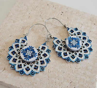Portugal Blue Hoop Earrings Flower Statement Hoops Tribal Ethnic Earrings Silver Blue Tiles Hoop Large Earrings Bohemian Blue Women Hoop