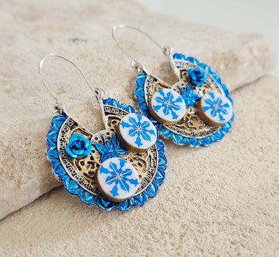 Blue Tiles Hoop Earrings Statement Tile Hoops Tribal Ethnic Lotus Earrings Antique Silver Blue Tiles Rose Flower Hoop Earrings Bohemian Blue