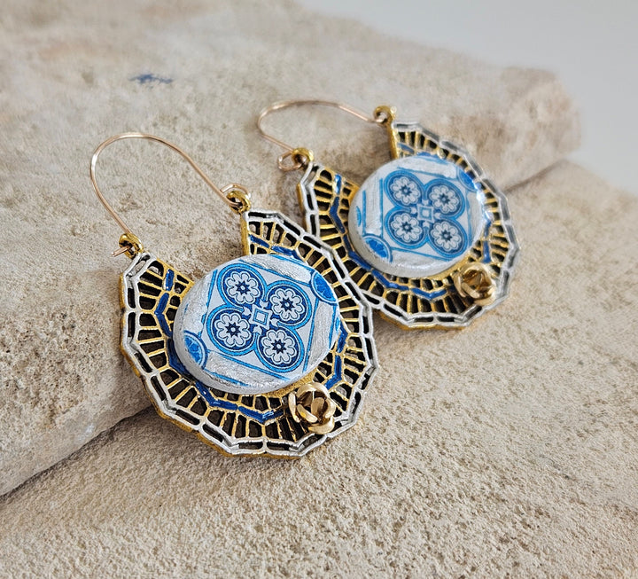 Portuguese Gold Hoop Earrings, Statement Hoops, Tribal Ethnic Earrings, Portugal Tiles Hoops, buying Oversized Hoop Earrings, Boho Blue tile hoop