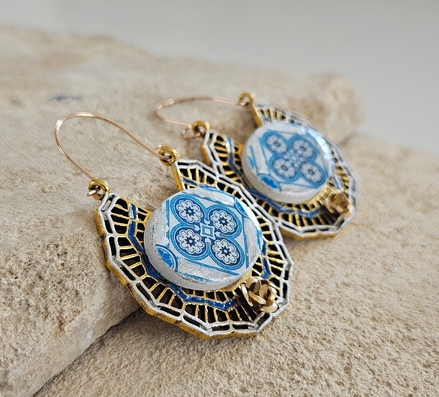 Mediterranian Blue Hoop Earrings Travel Statement Hoops Tribal Ethnic Earrings Antique Gold Tiles Hoops Large Earrings Bohemian Gold Rose