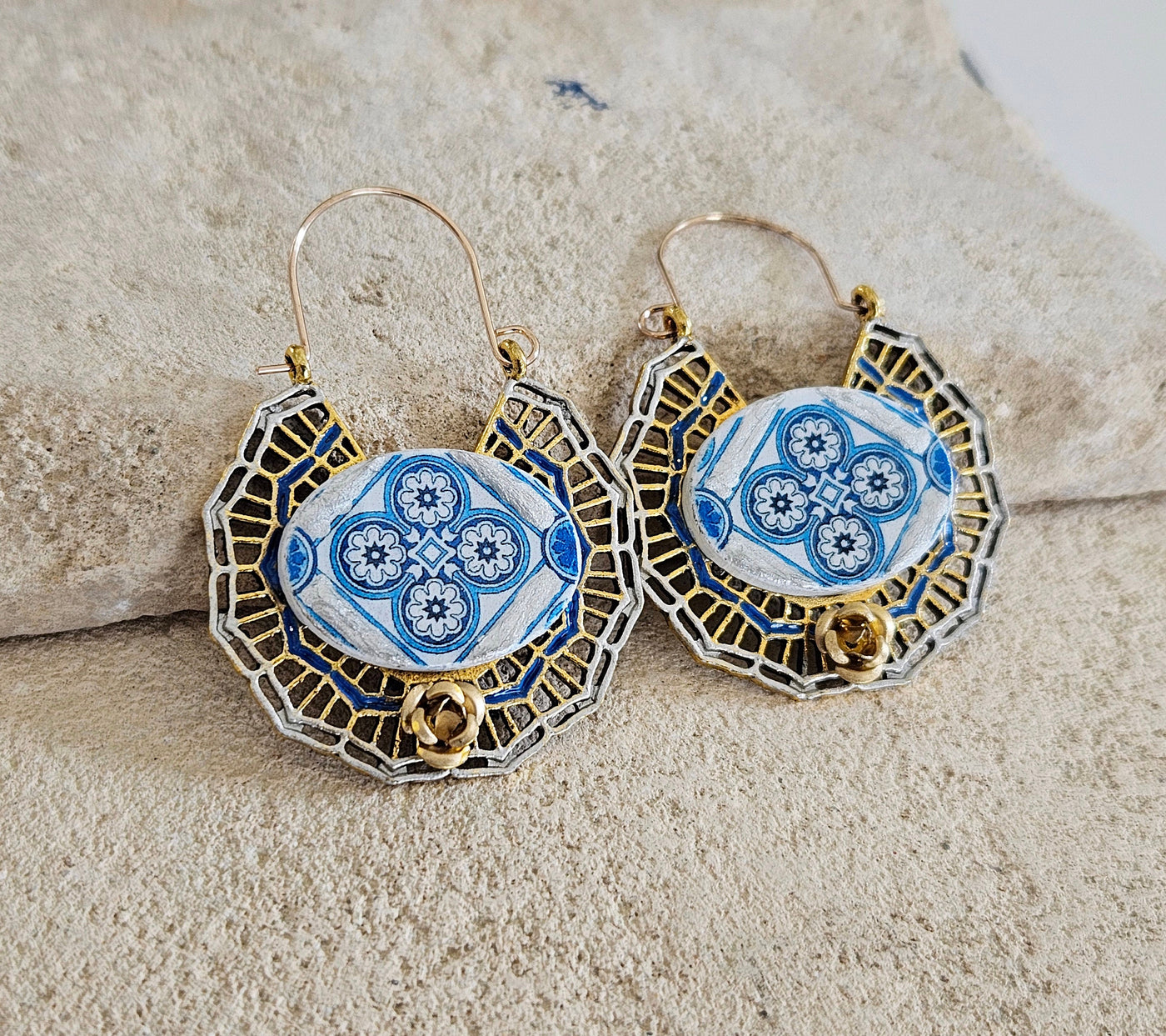 Mediterranian Blue Hoop Earrings Travel Statement Hoops Tribal Ethnic Earrings Antique Gold Tiles Hoops Large Earrings Bohemian Gold Rose