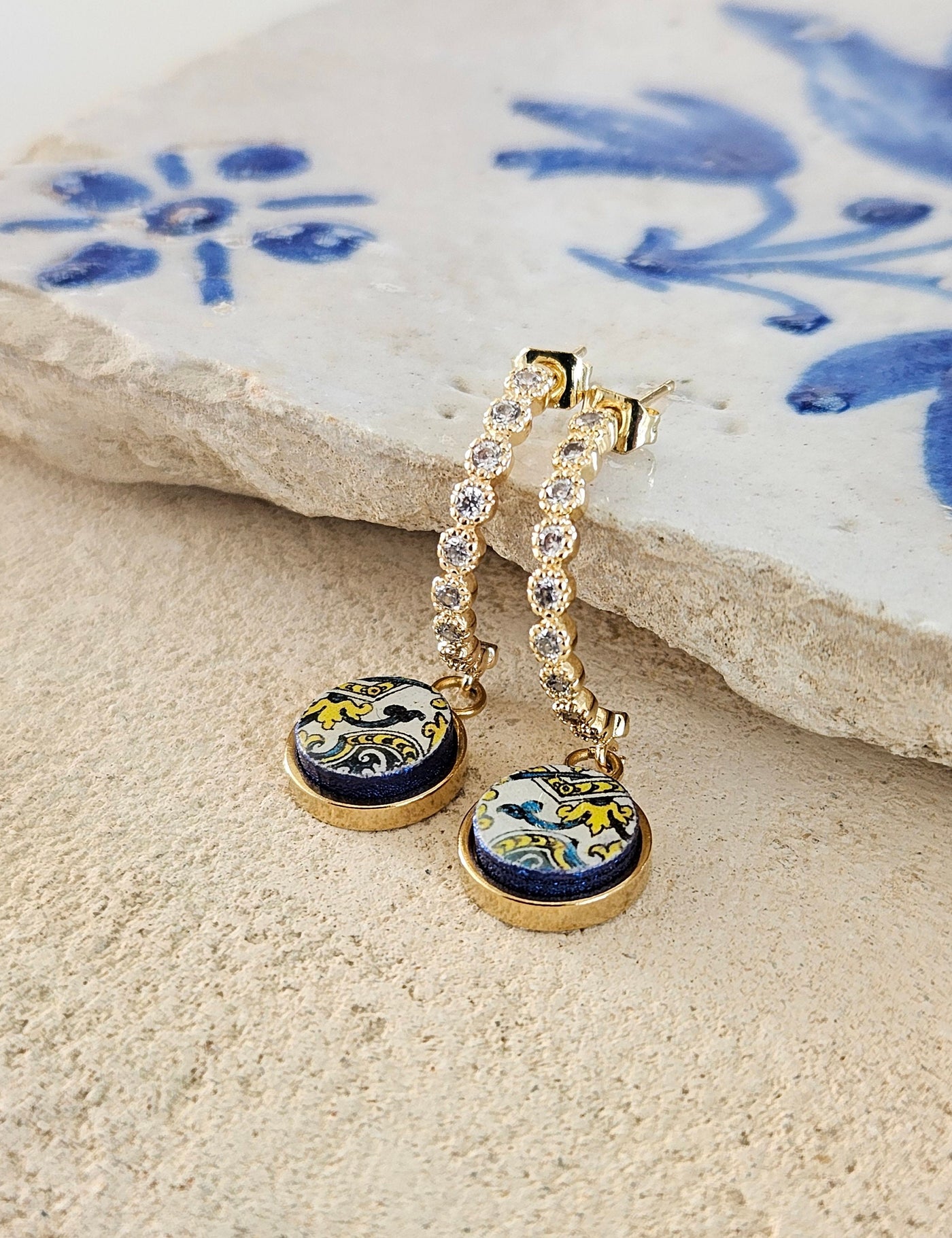 Half Hoop Tile Earrings Portuguese Antique Azulejo Earring Gold Steel Hoops Majolica Tile Jewelry Geometric Hoops Elegant CZ Zirconia Stones