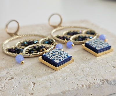 Portugal Hoop Tile Fan Earrings Amethyst Stones Natural Iridescent Blue Antique Azulejo Earring Majolica Tile Jewelry Geometric Gold Hoops