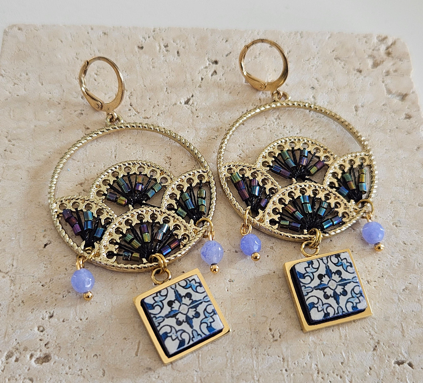 Portugal Hoop Tile Fan Earrings Amethyst Stones Natural Iridescent Blue Antique Azulejo Earring Majolica Tile Jewelry Geometric Gold Hoops