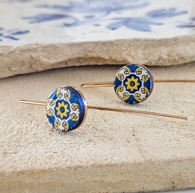 Portugal Round Tile Drop Earrings Gold STEEL Thread Tile Earrings Blue Yellow Antique Tiles Minimalist Earrings Simple Vintage Gold Tile