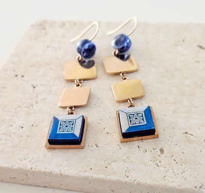 Portugal Antique Azulejo Square Dangle Earrings Tile Drop Earrings Square Geometric Earrings Majolica Blue White Delft Tile Rose Gold Steel