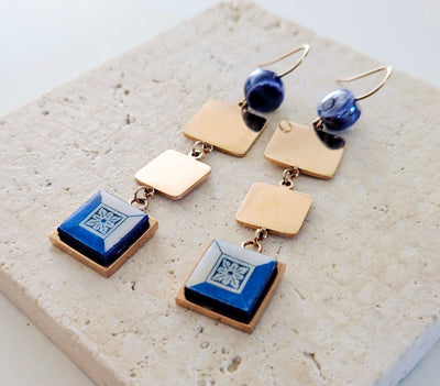 Portugal Antique Azulejo Square Dangle Earrings Tile Drop Earrings Square Geometric Earrings Majolica Blue White Delft Tile Rose Gold Steel