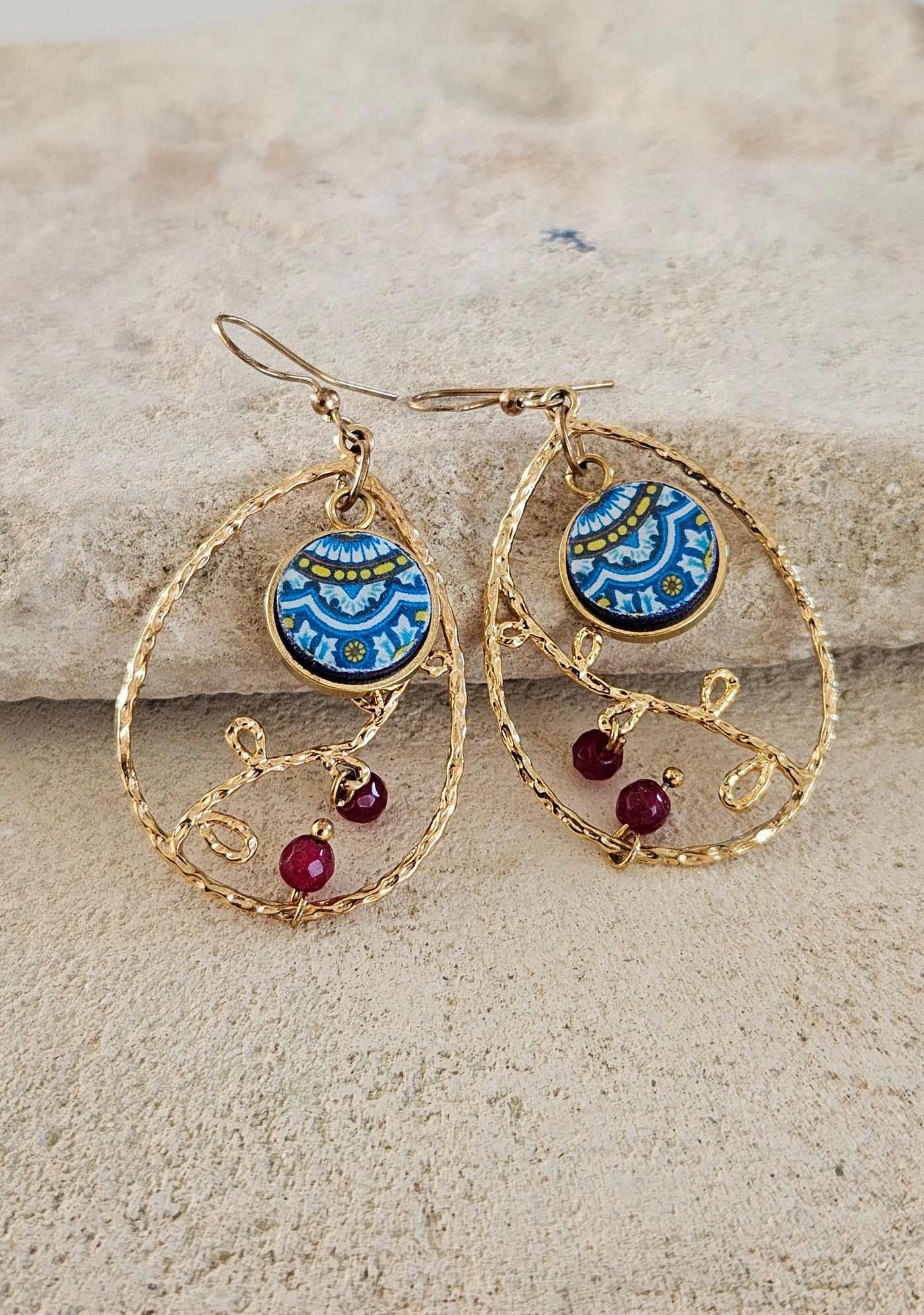 Mexican Teardrop Tile Earring Gold Filled Mexico Tile Hoops Dainty Blue Round Tile Chandelier Earrings Tile Teardrop Garnet Natural Gemstone
