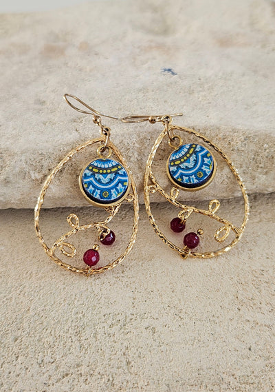 Mexican Teardrop Tile Earring Gold Filled Mexico Tile Hoops Dainty Blue Round Tile Chandelier Earrings Tile Teardrop Garnet Natural Gemstone