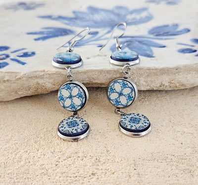 Portuguese Tiles Round STEEL Drop Earrings Blue White Earring Delft White Blue Jewelry XVIII Century Round Mixed Tile Earrings Mismatched