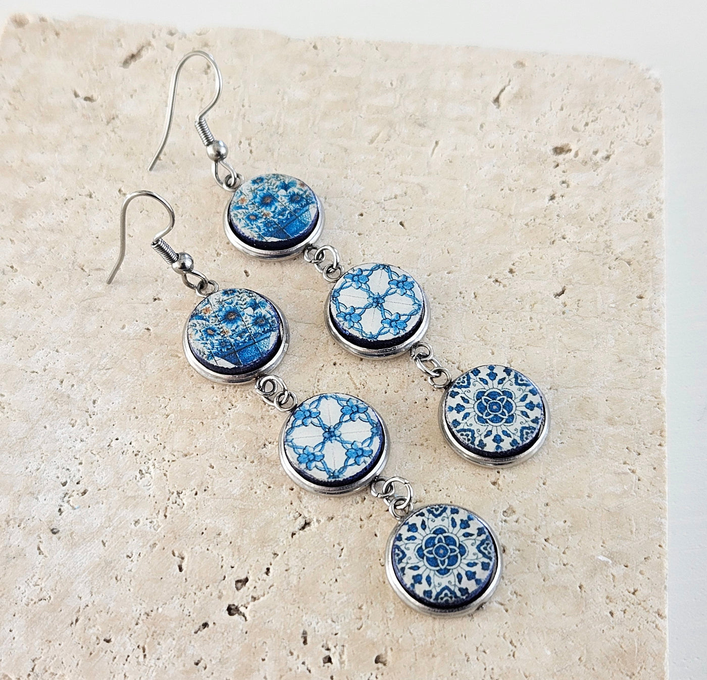 Portuguese Tiles Round STEEL Drop Earrings Blue White Earring Delft White Blue Jewelry XVIII Century Round Mixed Tile Earrings Mismatched