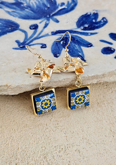 Windmill Gold Filled Earrings Pinwheel Portugal Antique Yellow Blue Tile Earrings Gold Minimal Portuguese Mom Gift Handmade Tile Earrings