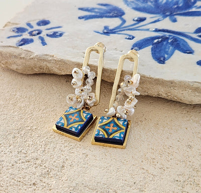 Freshwater Pearls Gold Filled Tile Earrings Mother Pearl Earrings Square Portuguese Antique tiles Azulejo Drop Earrings Raw Natural Stone