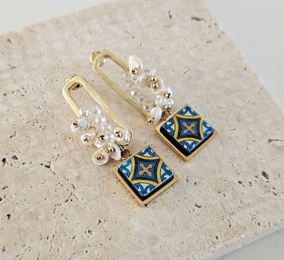 Freshwater Pearls Gold Filled Tile Earrings Mother Pearl Earrings Square Portuguese Antique tiles Azulejo Drop Earrings Raw Natural Stone