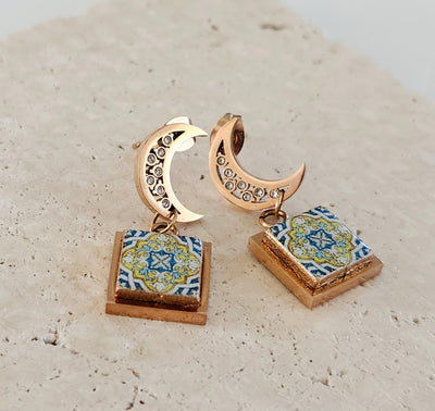 Crescent Moon Rose Gold Earring Dainty Tile Earrings Minimal Portugal Tile Azulejo Portuguese Mom Gift Handmade Moon Jewelry Mini Tile