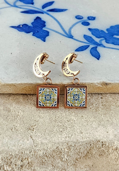 Crescent Moon Rose Gold Earring Dainty Tile Earrings Minimal Portugal Tile Azulejo Portuguese Mom Gift Handmade Moon Jewelry Mini Tile