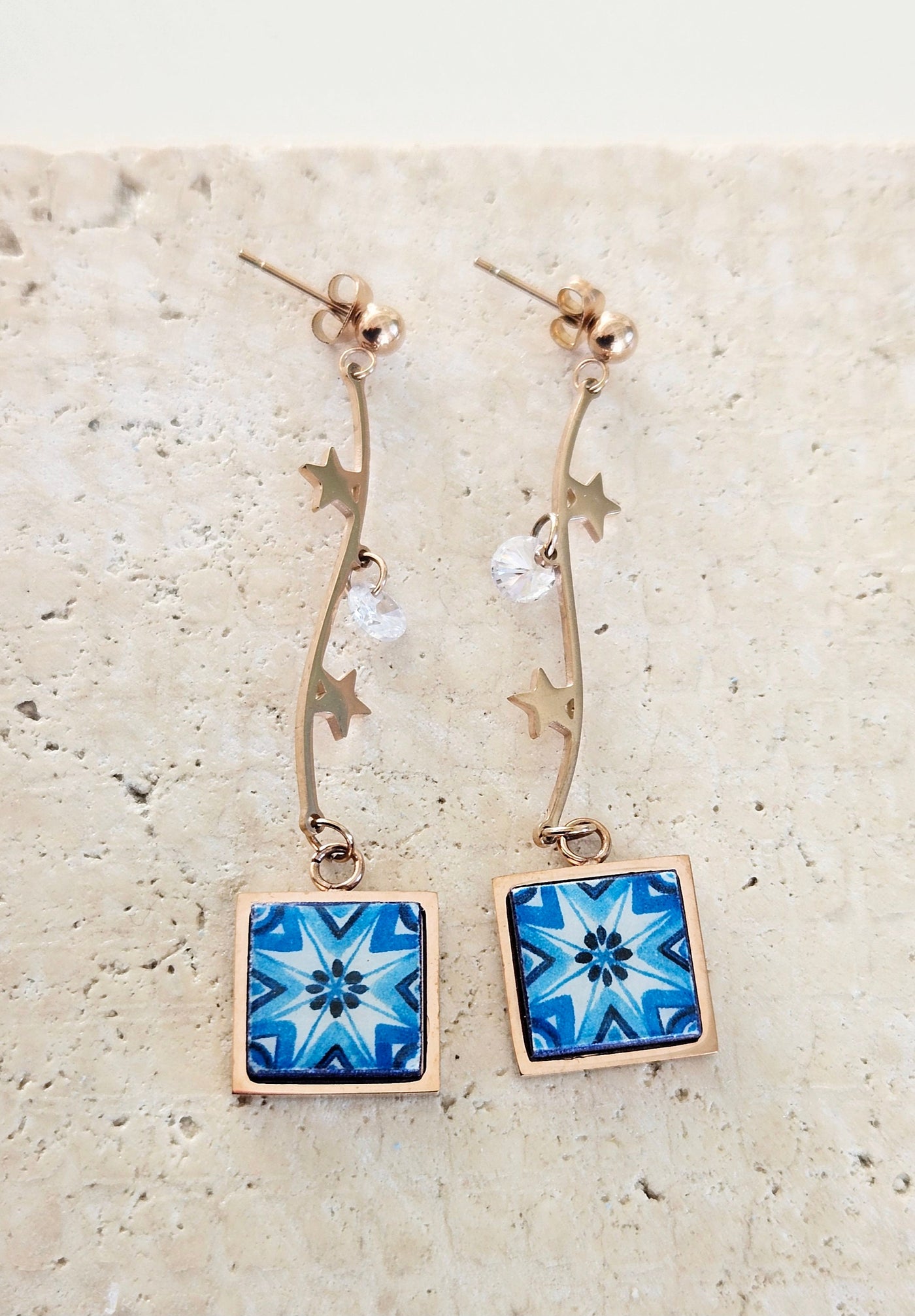 Portugal Tile Earrings Antique Azulejo Drop Earrings Rose Gold Steel Dangle Earrings Majolica Blue Tile Portuguese Dainty Women Jewelry