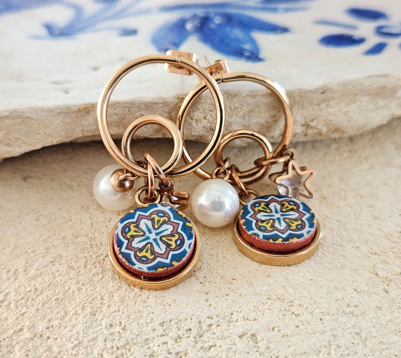 Portuguese Blue Rose Tiles Antique Azulejo Earrings Rose Gold Hoop Stud Earrings Pearl Star Studs Double Loop Rose Gold Earring Stud Tile
