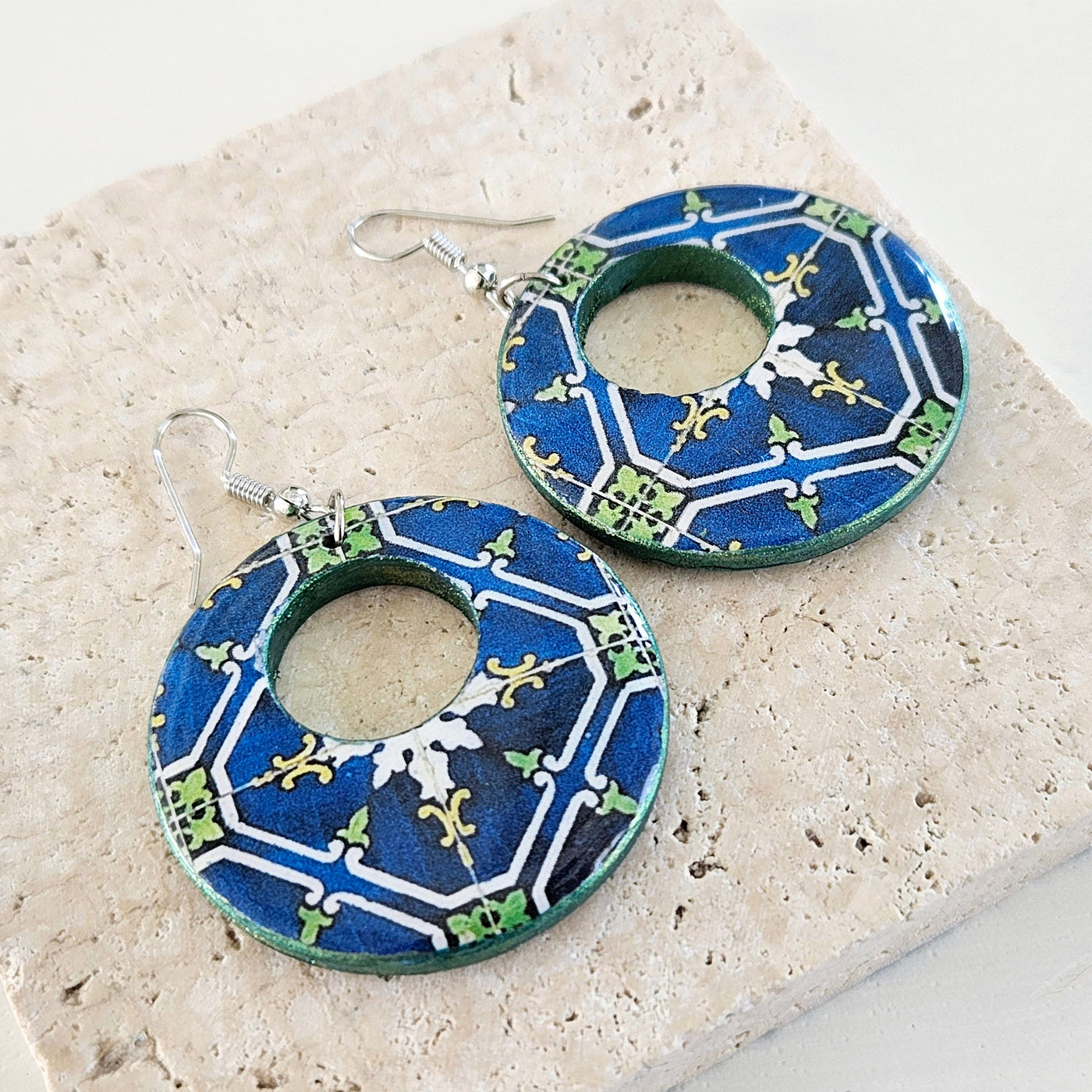 Hoop Earring Portuguese Majolica Portugal Blue Green Tile Hoop Tile Large Statement Jewelry Travel Gift Azure Hoop Women Vibrant Blue Tile