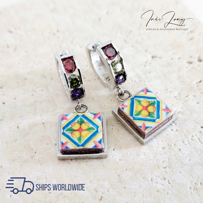 Silver Cuff Wrap Earring Sicilian Colorful Italian Tile Gift 925 Sterling Small Majolica Hoop Dainty CZ Stone Minimalist Stacking Hoop Charm
