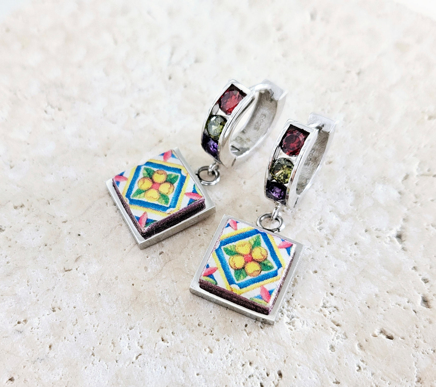 Silver Cuff Wrap Earring Sicilian Colorful Italian Tile Gift 925 Sterling Small Majolica Hoop Dainty CZ Stone Minimalist Stacking Hoop Charm