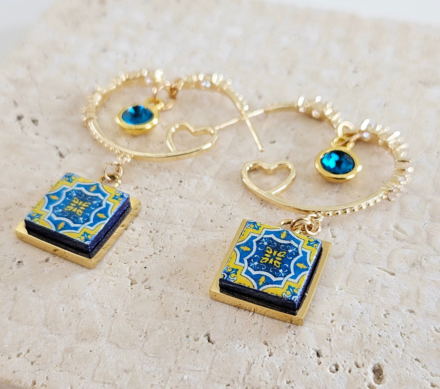 Portugal Hoop Tile Earring Antique Azulejo Tile Earring Gold Steel Heart Hoop Majolica Tile Gift Jewelry Geometric Hoop Zirconia Stone Hoop