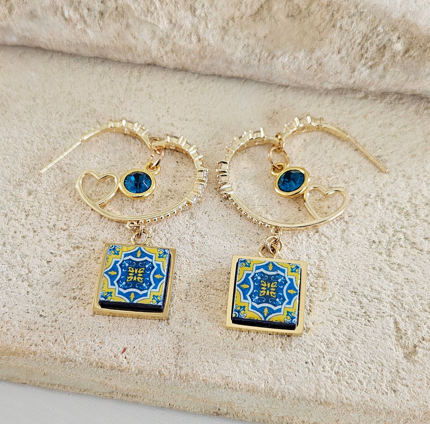 Portugal Hoop Tile Earring Antique Azulejo Tile Earring Gold Steel Heart Hoop Majolica Tile Gift Jewelry Geometric Hoop Zirconia Stone Hoop