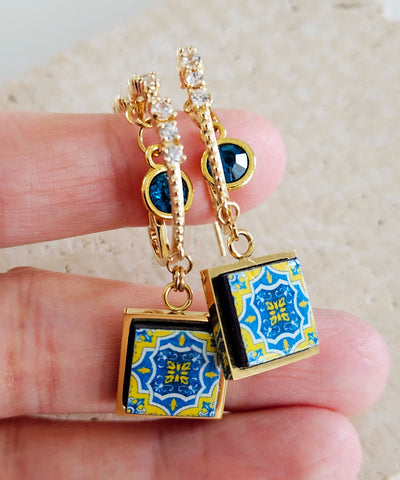 Portugal Hoop Tile Earring Antique Azulejo Tile Earring Gold Steel Heart Hoop Majolica Tile Gift Jewelry Geometric Hoop Zirconia Stone Hoop