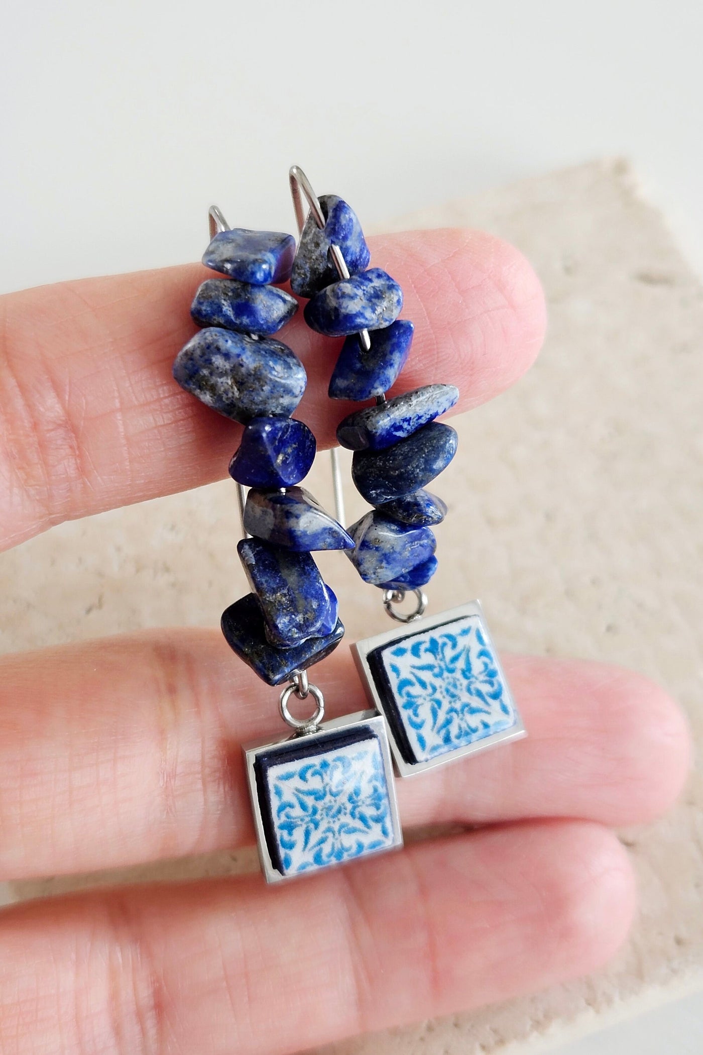 Lapis Lazuli Portugal Tile Earring Portuguese Silver Steel Antique Tile Sodalite Stone Tile Earring Geometric Tile Long Earring Raw Stone