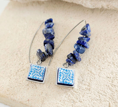 Lapis Lazuli Portugal Tile Earring Portuguese Silver Steel Antique Tile Sodalite Stone Tile Earring Geometric Tile Long Earring Raw Stone