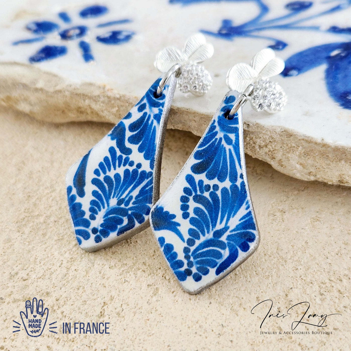 Mexican Teardrop Blue White Tile Earring Mexico Azulejo Earring Large Teardrop Wood Tile Silver Flower Stud Tiny Swarovski Zircon Stones