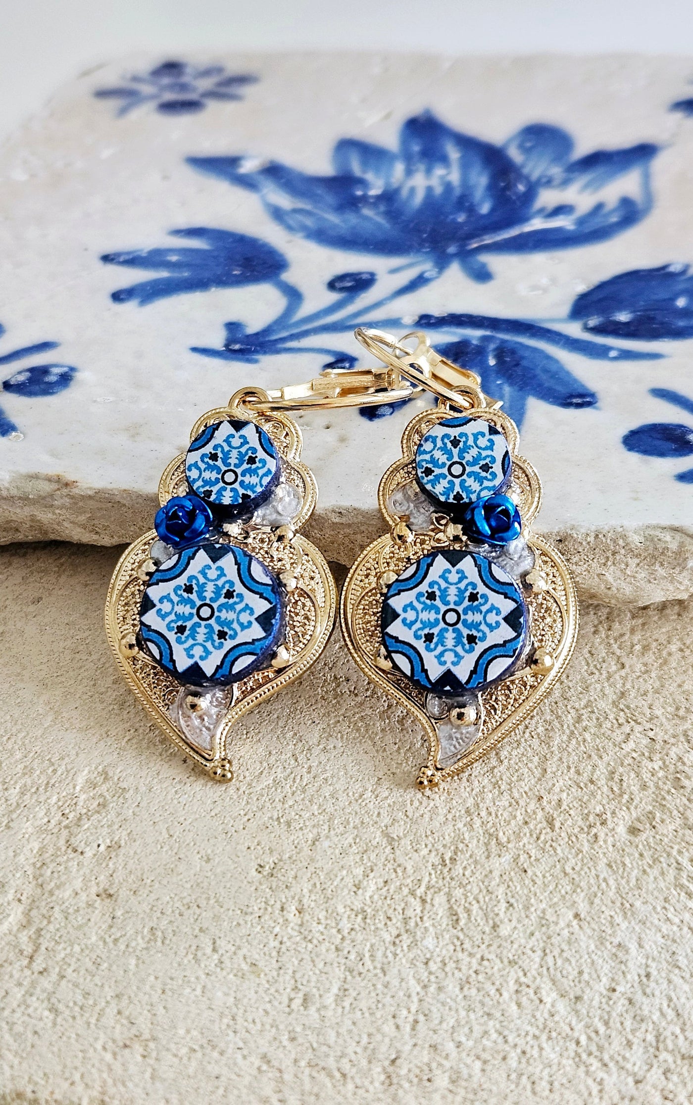 Gold Heart of Viana Hoop Earring Filigree Portuguese Indigo Blue Tile Jewelry Azulejo Wedding Jewelry Heart Blue Hoop Gift from Portugal