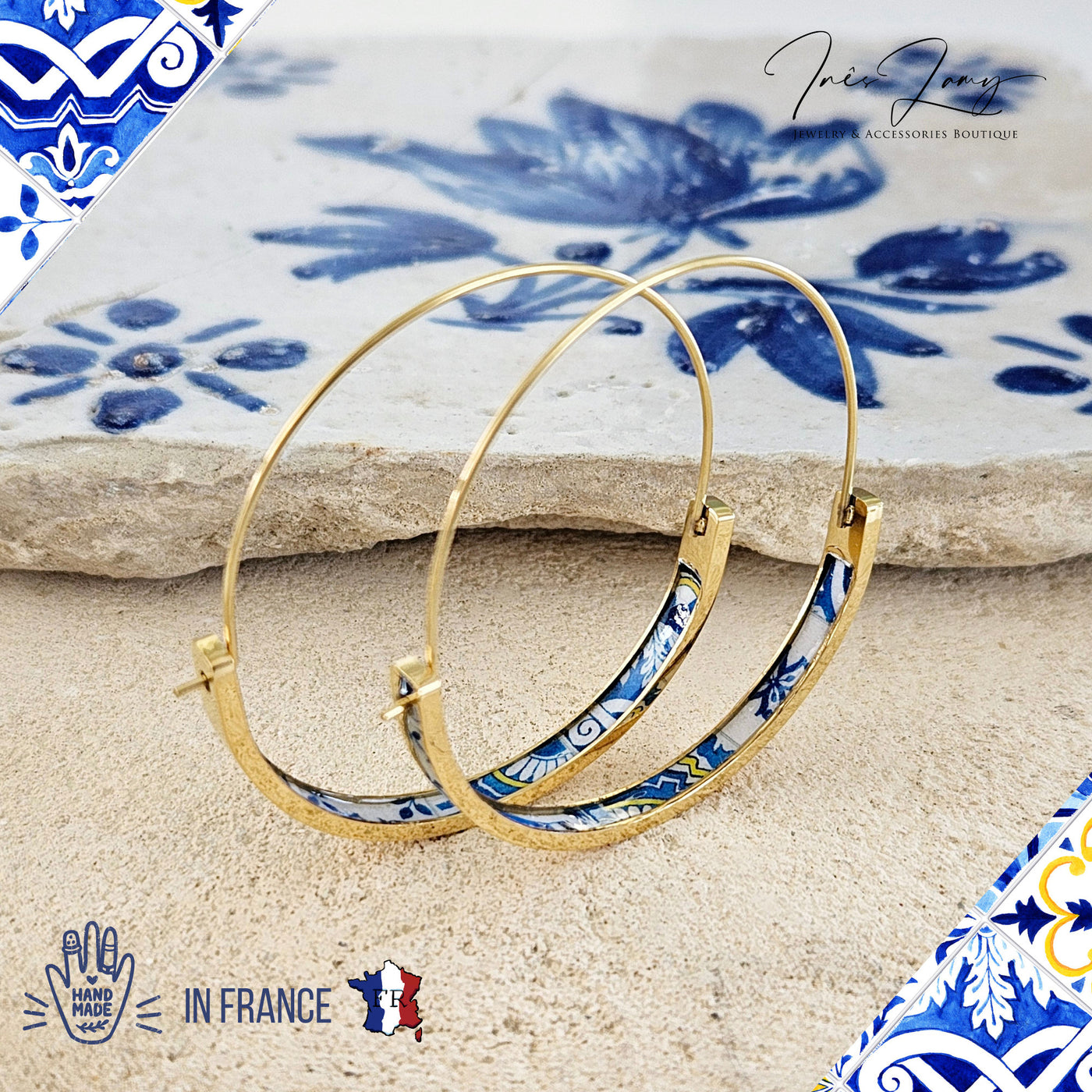Blue Mixed HOOP Tile Earring Portugal Lightweight STAINLESS STEEL Azulejo Gold Hoop Historical Jewelry Anniversary Gift Women Portuguese Mom