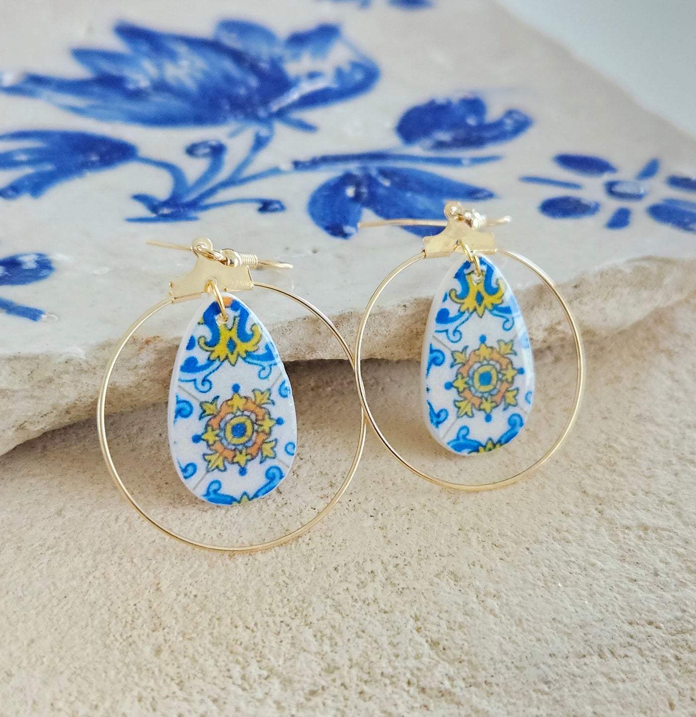 Gold Blue Portugal Tile Circle Teardrop Earring Portuguese Azulejo Jewelry Gift Gold Earring Majolica Tile Mother Pearl Teardrop Earring