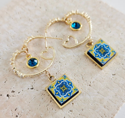 Portugal Hoop Tile Earring Antique Azulejo Tile Earring Gold Steel Heart Hoop Majolica Tile Gift Jewelry Geometric Hoop Zirconia Stone Hoop