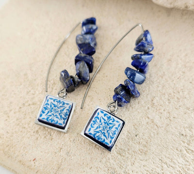 Lapis Lazuli Portugal Tile Earring Portuguese Silver Steel Antique Tile Sodalite Stone Tile Earring Geometric Tile Long Earring Raw Stone