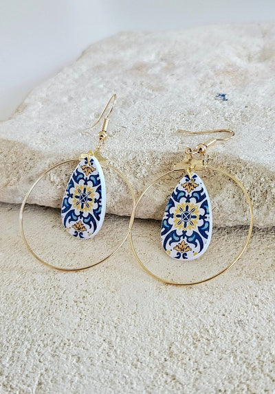 Portugal Blue Gold Tile Circle Teardrop Earring Portuguese Azulejo Jewelry Gift Gold Earring Majolica Tile Mother Pearl Teardrop Earring