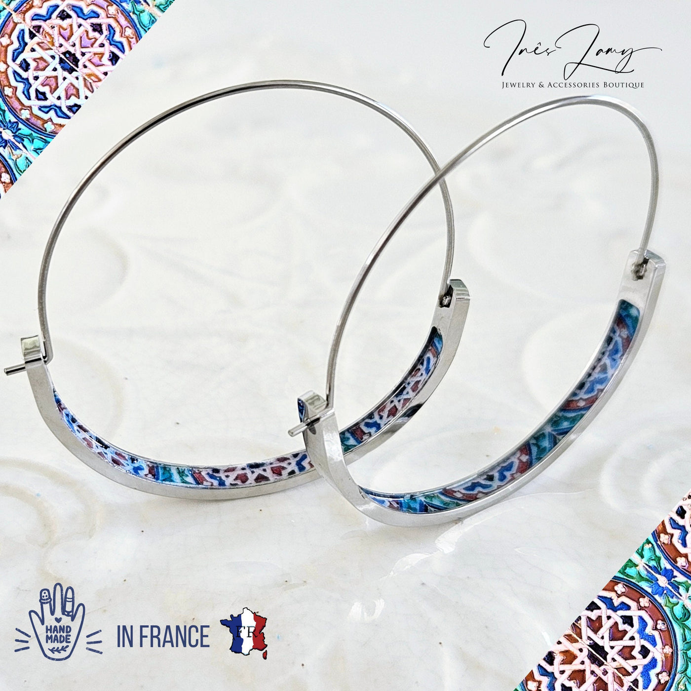 SINTRA Palace Moorish HOOP Tile Earring Portugal Lightweight Stainless STEEL Arab Azulejo Handmade Hoop Historical Gift Women Thin Wire Hoop