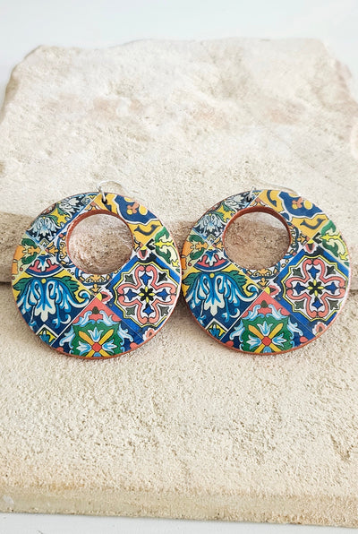 Mexico Talavera Mixed Tile Hoop Earring Big Statement Earring Maximalist Jewelry Tile Mixed Pattern Colorful Hoop Earring Talavera Tile