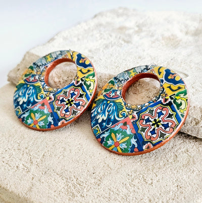 Mexico Talavera Mixed Tile Hoop Earring Big Statement Earring Maximalist Jewelry Tile Mixed Pattern Colorful Hoop Earring Talavera Tile